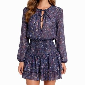 Revolve Rays for Days Smocked Long Sleeve Mini Dress Small Blue Floral Viscose